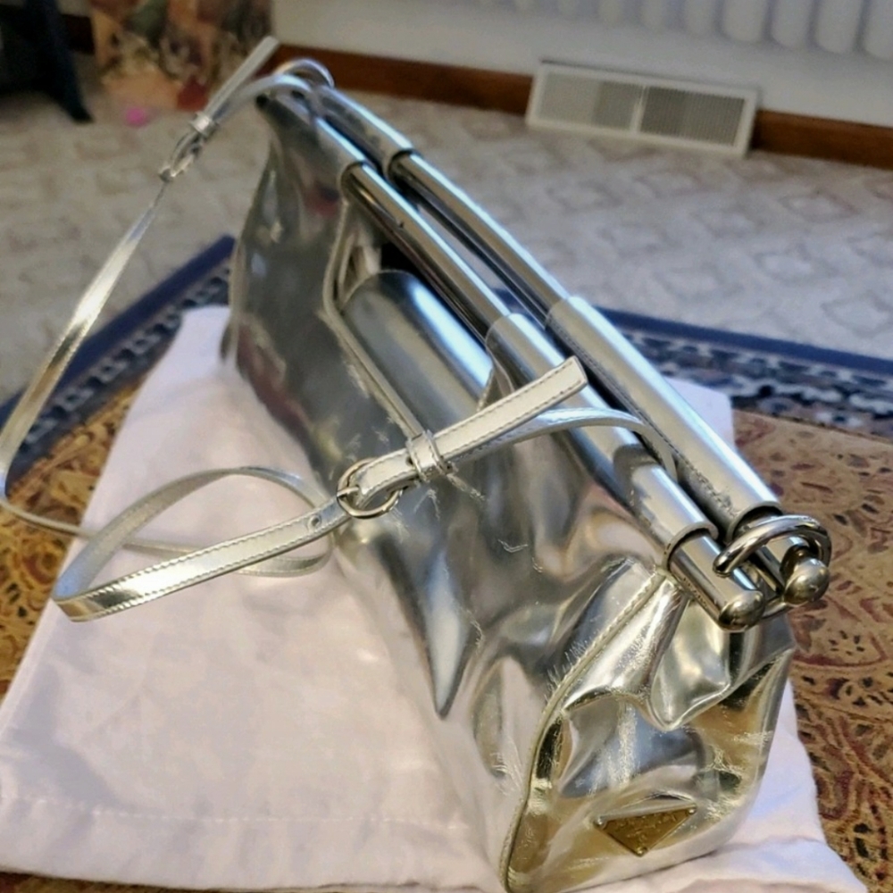 •PRADA Vitello Daino Bar in Silver· Authentic w Cards & Bag. - Picture 10 of 17